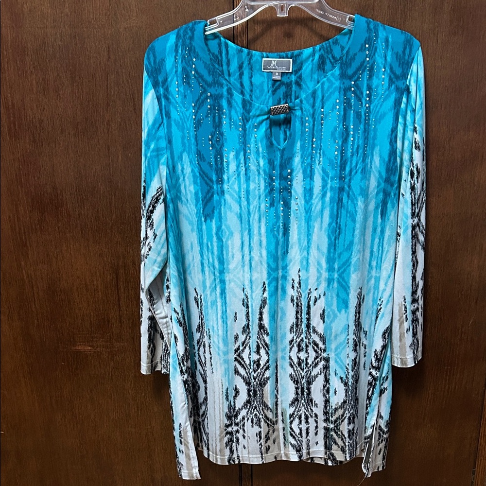 JM Collection Teal and Black Patterned Tunic